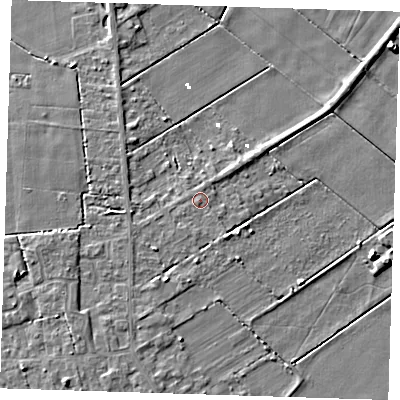 Shaded relief map of the ground around PE150HB, computed from Environment Agency LiDAR. The ground here sits at about 2 m above sea level and falls 8 m across the surrounding 800 m. Surface water reaching this point runs off ground lying to the south-south-west, 2.3 m higher.