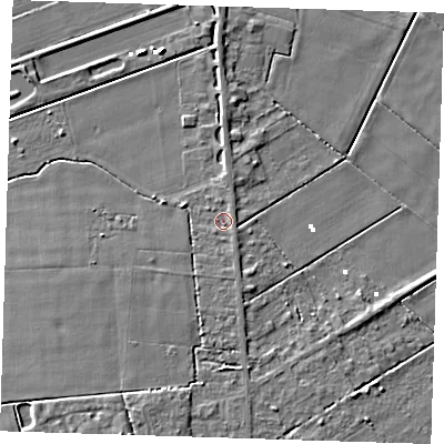 Shaded relief map of the ground around PE150HE, computed from Environment Agency LiDAR. The ground here sits at about 1 m above sea level and falls 7 m across the surrounding 800 m. Surface water reaching this point runs off ground lying to the south-south-west, 3.3 m higher.