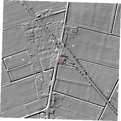 Shaded relief map of the ground around PE150HG, computed from Environment Agency LiDAR. The ground here sits at about 1 m above sea level and falls 6 m across the surrounding 800 m. Surface water reaching this point runs off ground lying to the north, 1.5 m higher.