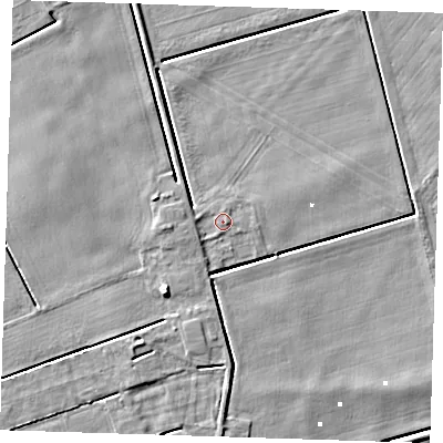 Shaded relief map of the ground around PE150HH, computed from Environment Agency LiDAR. The ground here sits at about 1 m above sea level and falls 7 m across the surrounding 800 m. Surface water reaching this point runs off ground lying to the west-south-west, 1.4 m higher.
