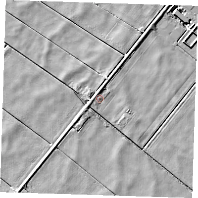 Shaded relief map of the ground around PE150HN, computed from Environment Agency LiDAR. The ground here sits at about -0 m above sea level and falls 6 m across the surrounding 800 m. Surface water reaching this point runs off ground lying to the west-north-west, 1.5 m higher.