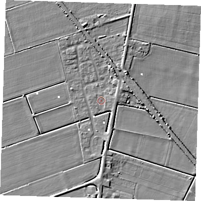 Shaded relief map of the ground around PE150HP, computed from Environment Agency LiDAR. The ground here sits at about 0 m above sea level and falls 6 m across the surrounding 800 m. Surface water reaching this point runs off ground lying to the east-north-east, 1.1 m higher.