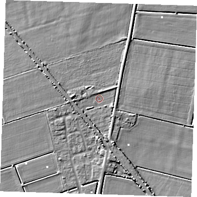 Shaded relief map of the ground around PE150HQ, computed from Environment Agency LiDAR. The ground here sits at about 1 m above sea level and falls 6 m across the surrounding 800 m. Surface water reaching this point runs off ground lying to the south, 3.4 m higher.