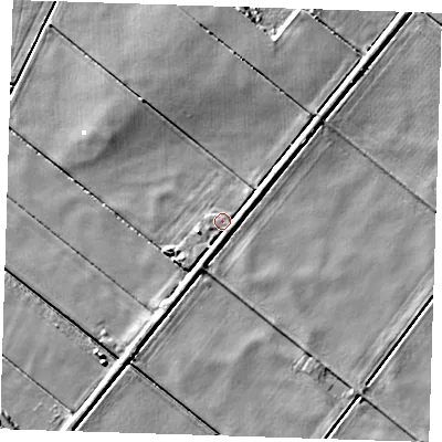 Shaded relief map of the ground around PE150HW, computed from Environment Agency LiDAR. The ground here sits at about -0 m above sea level and falls 5 m across the surrounding 800 m. Surface water reaching this point runs off ground lying to the west, 1.0 m higher.
