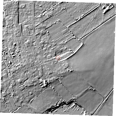 Shaded relief map of the ground around PE150JJ, computed from Environment Agency LiDAR. The ground here sits at about 4 m above sea level and falls 9 m across the surrounding 800 m. Surface water reaching this point runs off ground lying to the south-west, 2.3 m higher.