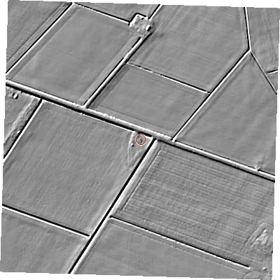 Shaded relief map of the ground around PE150JR, computed from Environment Agency LiDAR. The ground here sits at about -0 m above sea level and falls 5 m across the surrounding 800 m. Surface water reaching this point runs off ground lying to the east-north-east, 2.3 m higher.
