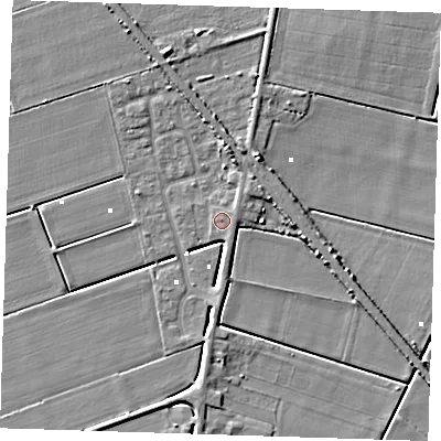 Shaded relief map of the ground around PE150JT, computed from Environment Agency LiDAR. The ground here sits at about 1 m above sea level and falls 6 m across the surrounding 800 m. Surface water reaching this point runs off ground lying to the east-north-east, 1.1 m higher.