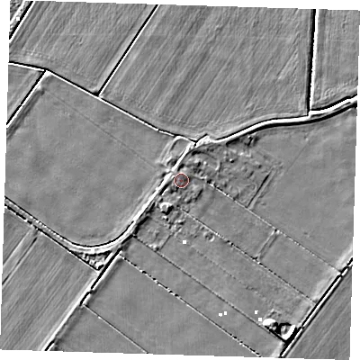 Shaded relief map of the ground around PE150JX, computed from Environment Agency LiDAR. The ground here sits at about 1 m above sea level and falls 4 m across the surrounding 800 m. Surface water reaching this point runs off ground lying to the west, 0.8 m higher.