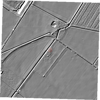 Shaded relief map of the ground around PE150JY, computed from Environment Agency LiDAR. The ground here sits at about 0 m above sea level and falls 9 m across the surrounding 800 m. Surface water reaching this point runs off ground lying to the south, 1.1 m higher.