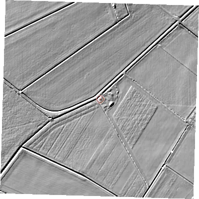 Shaded relief map of the ground around PE150JZ, computed from Environment Agency LiDAR. The ground here sits at about 1 m above sea level and falls 6 m across the surrounding 800 m. Surface water reaching this point runs off ground lying to the west-south-west, 2.1 m higher.
