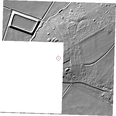 Shaded relief map of the ground around PE150LS, computed from Environment Agency LiDAR. and falls 10 m across the surrounding 800 m. The ground contributing surface water to this point lies to the north-east.