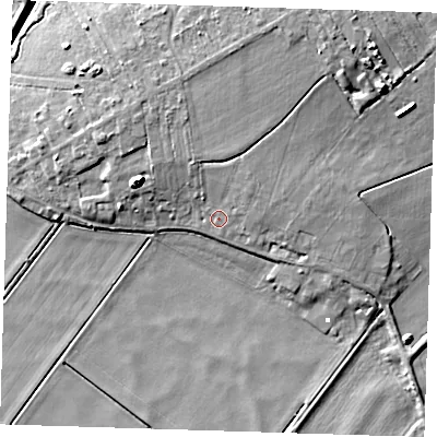 Shaded relief map of the ground around PE150LT, computed from Environment Agency LiDAR. The ground here sits at about 2 m above sea level and falls 10 m across the surrounding 800 m. Surface water reaching this point runs off ground lying to the north-north-east, 2.4 m higher.