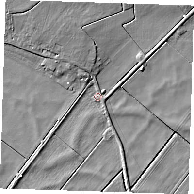 Shaded relief map of the ground around PE150LY, computed from Environment Agency LiDAR. The ground here sits at about -0 m above sea level and falls 8 m across the surrounding 800 m. Surface water reaching this point runs off ground lying to the north-east, 3.5 m higher.
