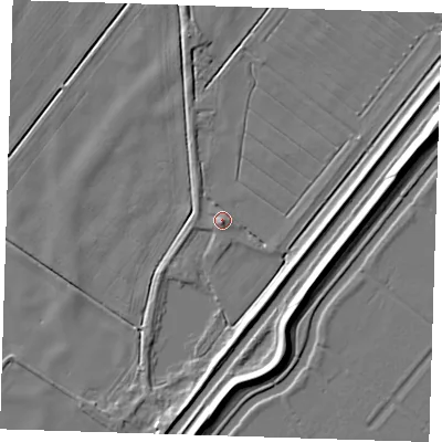 Shaded relief map of the ground around PE150ND, computed from Environment Agency LiDAR. The ground here sits at about 1 m above sea level and falls 9 m across the surrounding 800 m. Surface water reaching this point runs off ground lying to the south-south-east, 2.6 m higher.
