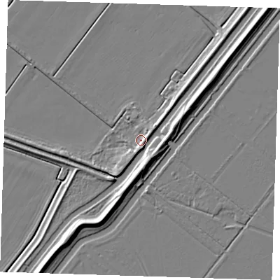 Shaded relief map of the ground around PE150NF, computed from Environment Agency LiDAR. The ground here sits at about -0 m above sea level and falls 9 m across the surrounding 800 m. Surface water reaching this point runs off ground lying to the south-south-east, 2.5 m higher.
