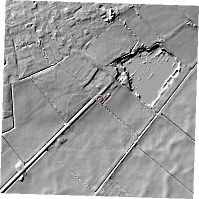 Shaded relief map of the ground around PE150NH, computed from Environment Agency LiDAR. The ground here sits at about 1 m above sea level and falls 9 m across the surrounding 800 m. Surface water reaching this point runs off ground lying to the north-north-west, 2.8 m higher.