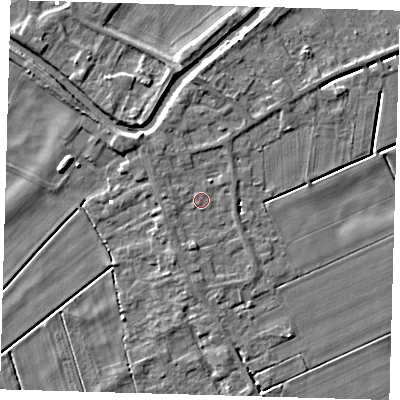 Shaded relief map of the ground around PE150NN, computed from Environment Agency LiDAR. The ground here sits at about 1 m above sea level and falls 5 m across the surrounding 800 m. Surface water reaching this point runs off ground lying to the south, 1.3 m higher.