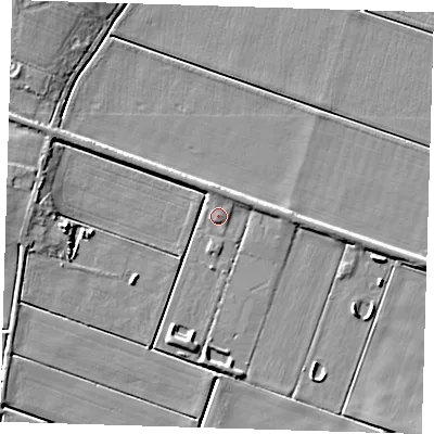 Shaded relief map of the ground around PE150PA, computed from Environment Agency LiDAR. The ground here sits at about -0 m above sea level and falls 7 m across the surrounding 800 m. Surface water reaching this point runs off ground lying to the north, 1.6 m higher.