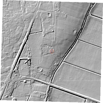 Shaded relief map of the ground around PE150PD, computed from Environment Agency LiDAR. The ground here sits at about 3 m above sea level and falls 10 m across the surrounding 800 m. Surface water reaching this point runs off ground lying to the north, 4.8 m higher.