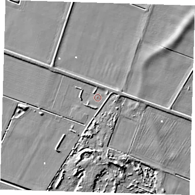 Shaded relief map of the ground around PE150PE, computed from Environment Agency LiDAR. The ground here sits at about 1 m above sea level and falls 8 m across the surrounding 800 m. Surface water reaching this point runs off ground lying to the east-north-east, 1.9 m higher.