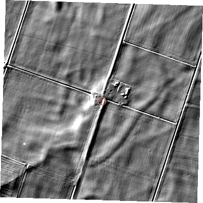 Shaded relief map of the ground around PE150PG, computed from Environment Agency LiDAR. The ground here sits at about 1 m above sea level and falls 6 m across the surrounding 800 m. Surface water reaching this point runs off ground lying to the east, 1.7 m higher.