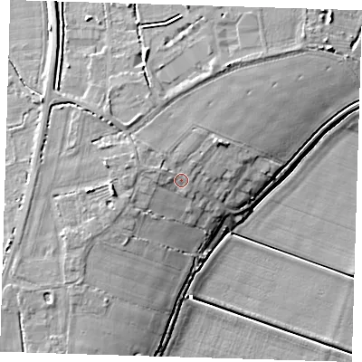 Shaded relief map of the ground around PE150QJ, computed from Environment Agency LiDAR. The ground here sits at about 6 m above sea level and falls 11 m across the surrounding 800 m. Surface water reaching this point runs off ground lying to the west-north-west, 1.2 m higher.