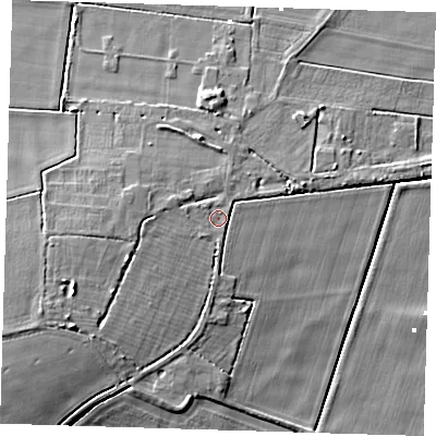 Shaded relief map of the ground around PE150QL, computed from Environment Agency LiDAR. The ground here sits at about 3 m above sea level and falls 9 m across the surrounding 800 m. Surface water reaching this point runs off ground lying to the west, 2.7 m higher.