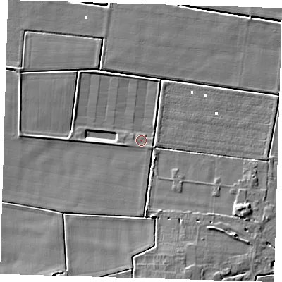 Shaded relief map of the ground around PE150QW, computed from Environment Agency LiDAR. The ground here sits at about 1 m above sea level and falls 9 m across the surrounding 800 m. Surface water reaching this point runs off ground lying to the south-south-west, 6.2 m higher.