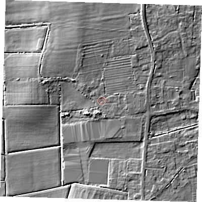 Shaded relief map of the ground around PE150RQ, computed from Environment Agency LiDAR. The ground here sits at about 5 m above sea level and falls 8 m across the surrounding 800 m. Surface water reaching this point runs off ground lying to the north-north-east, 2.6 m higher.