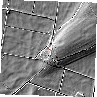 Shaded relief map of the ground around PE150SH, computed from Environment Agency LiDAR. The ground here sits at about 1 m above sea level and falls 7 m across the surrounding 800 m. Surface water reaching this point runs off ground lying to the south-south-east, 5.4 m higher.