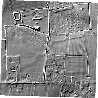 Shaded relief map of the ground around PE150SJ, computed from Environment Agency LiDAR. The ground here sits at about 6 m above sea level and falls 9 m across the surrounding 800 m. Surface water reaching this point runs off ground lying to the south-south-east, 2.2 m higher.