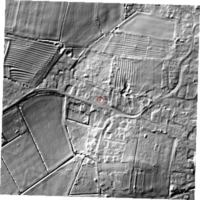 Shaded relief map of the ground around PE150SR, computed from Environment Agency LiDAR. The ground here sits at about 4 m above sea level and falls 10 m across the surrounding 800 m. Surface water reaching this point runs off ground lying to the east, 3.4 m higher.