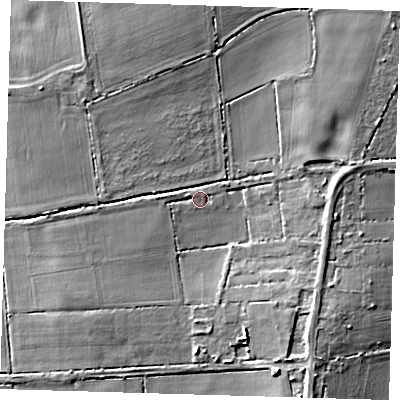 Shaded relief map of the ground around PE150SX, computed from Environment Agency LiDAR. The ground here sits at about 2 m above sea level and falls 8 m across the surrounding 800 m. Surface water reaching this point runs off ground lying to the west-north-west, 1.6 m higher.