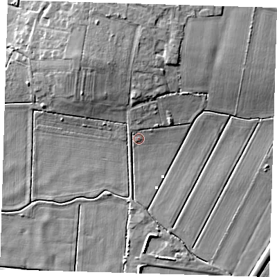 Shaded relief map of the ground around PE150TB, computed from Environment Agency LiDAR. The ground here sits at about 1 m above sea level and falls 10 m across the surrounding 800 m. Surface water reaching this point runs off ground lying to the north, 2.9 m higher.