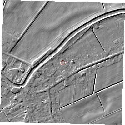 Shaded relief map of the ground around PE150UA, computed from Environment Agency LiDAR. The ground here sits at about 1 m above sea level and falls 5 m across the surrounding 800 m. Surface water reaching this point runs off ground lying to the south, 0.7 m higher.