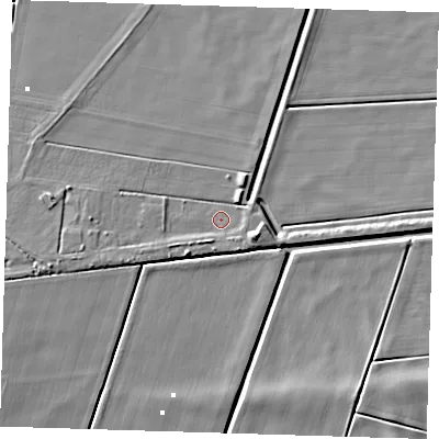Shaded relief map of the ground around PE150UB, computed from Environment Agency LiDAR. The ground here sits at about -1 m above sea level and falls 7 m across the surrounding 800 m. Surface water reaching this point runs off ground lying to the south-west, 3.3 m higher.