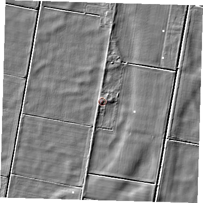 Shaded relief map of the ground around PE150UD, computed from Environment Agency LiDAR. The ground here sits at about 1 m above sea level and falls 3 m across the surrounding 800 m. Surface water reaching this point runs off ground lying to the south-south-west, 1.4 m higher.