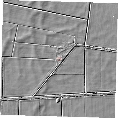 Shaded relief map of the ground around PE150UF, computed from Environment Agency LiDAR. The ground here sits at about 0 m above sea level and falls 5 m across the surrounding 800 m. Surface water reaching this point runs off ground lying to the west, 1.0 m higher.
