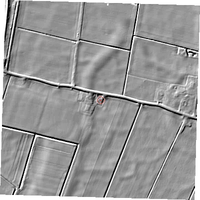 Shaded relief map of the ground around PE150UH, computed from Environment Agency LiDAR. The ground here sits at about -1 m above sea level and falls 5 m across the surrounding 800 m. Surface water reaching this point runs off ground lying to the north-west, 2.5 m higher.