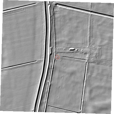 Shaded relief map of the ground around PE150UJ, computed from Environment Agency LiDAR. The ground here sits at about 0 m above sea level and falls 5 m across the surrounding 800 m. Surface water reaching this point runs off ground lying to the west-north-west, 2.9 m higher.