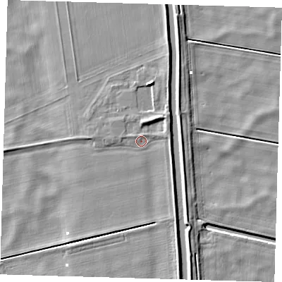 Shaded relief map of the ground around PE150UL, computed from Environment Agency LiDAR. The ground here sits at about 1 m above sea level and falls 5 m across the surrounding 800 m. Surface water reaching this point runs off ground lying to the north-north-east, 0.8 m higher.