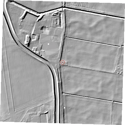 Shaded relief map of the ground around PE150UN, computed from Environment Agency LiDAR. The ground here sits at about -0 m above sea level and falls 8 m across the surrounding 800 m. Surface water reaching this point runs off ground lying to the south, 3.2 m higher.