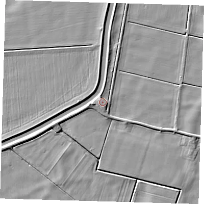 Shaded relief map of the ground around PE150UP, computed from Environment Agency LiDAR. The ground here sits at about 2 m above sea level and falls 6 m across the surrounding 800 m. Surface water reaching this point runs off ground lying to the north-west, 1.9 m higher.