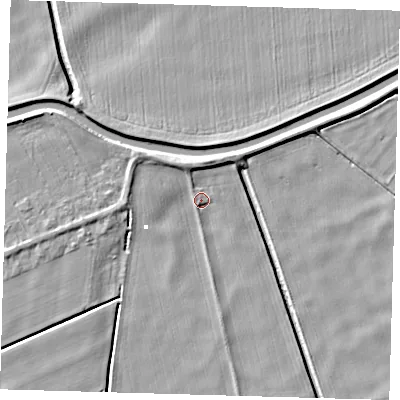 Shaded relief map of the ground around PE150UR, computed from Environment Agency LiDAR. The ground here sits at about 0 m above sea level and falls 5 m across the surrounding 800 m. Surface water reaching this point runs off ground lying to the north-north-west, 3.3 m higher.