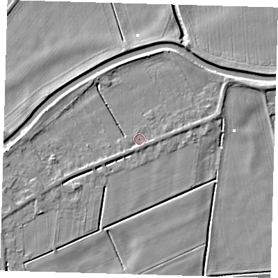 Shaded relief map of the ground around PE150UT, computed from Environment Agency LiDAR. The ground here sits at about 1 m above sea level and falls 5 m across the surrounding 800 m. Surface water reaching this point runs off ground lying to the east-north-east, 1.6 m higher.