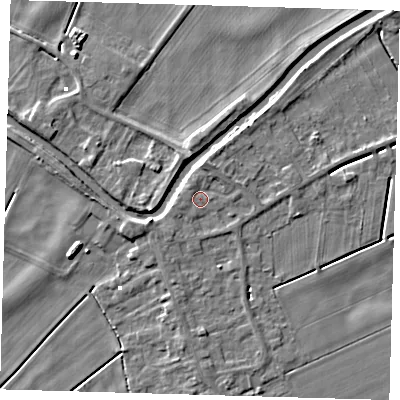 Shaded relief map of the ground around PE150UU, computed from Environment Agency LiDAR. The ground here sits at about 1 m above sea level and falls 5 m across the surrounding 800 m. Surface water reaching this point runs off ground lying to the south-west, 1.3 m higher.