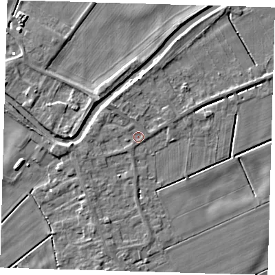 Shaded relief map of the ground around PE150UX, computed from Environment Agency LiDAR. The ground here sits at about 1 m above sea level and falls 5 m across the surrounding 800 m. Surface water reaching this point runs off ground lying to the north-west, 2.0 m higher.