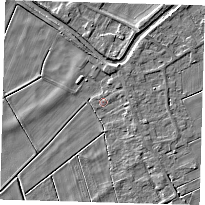 Shaded relief map of the ground around PE150UY, computed from Environment Agency LiDAR. The ground here sits at about 0 m above sea level and falls 5 m across the surrounding 800 m. Surface water reaching this point runs off ground lying to the east, 1.8 m higher.