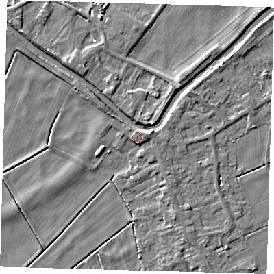 Shaded relief map of the ground around PE150UZ, computed from Environment Agency LiDAR. The ground here sits at about 2 m above sea level and falls 5 m across the surrounding 800 m. Surface water reaching this point runs off ground lying to the north-east, 3.6 m higher.