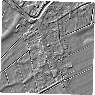 Shaded relief map of the ground around PE150XA, computed from Environment Agency LiDAR. The ground here sits at about 1 m above sea level and falls 5 m across the surrounding 800 m. Surface water reaching this point runs off ground lying to the north-east, 1.3 m higher.